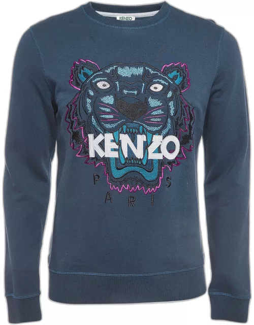 Kenzo Teal Blue Logo Tiger Embroidered Cotton Sweatshirt
