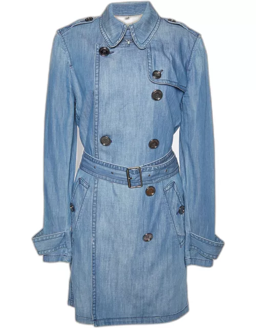 Burberry Brit Blue Denim Double Breasted Belted Trench Coat