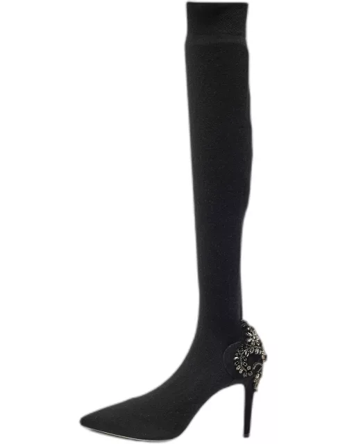 René Caovilla Black Knit Fabric Embellished Sock Boot