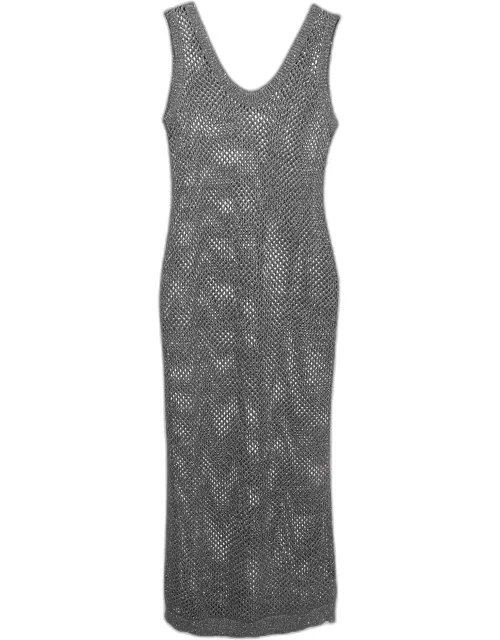 Brunello Cucinelli Grey Sequin Embellished Open Knit Maxi Dress
