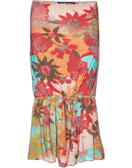 Class by Roberto Cavalli Multicolor Floral Print Jersey Flounce Midi Skirt