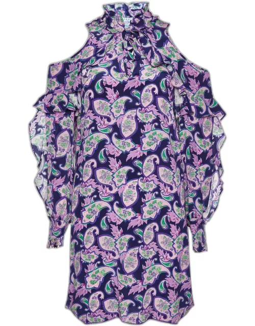 Sandro Purple Paisley Print Silk Ruffled Mini Dress