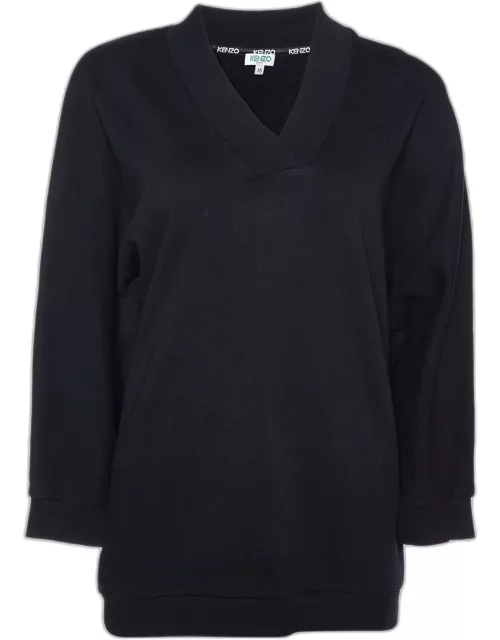 Kenzo Black Logo Print Cotton V-Neck Sweatshirt