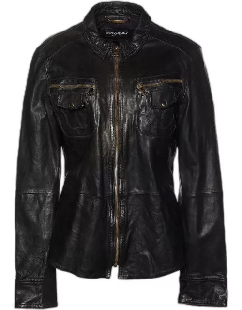 Dolce & Gabbana Black Leather Zip Front Jacket