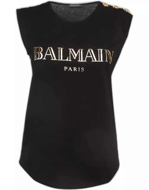 Balmain Black Logo Print Cotton Knit Button Detail Sleeveless T-Shirt