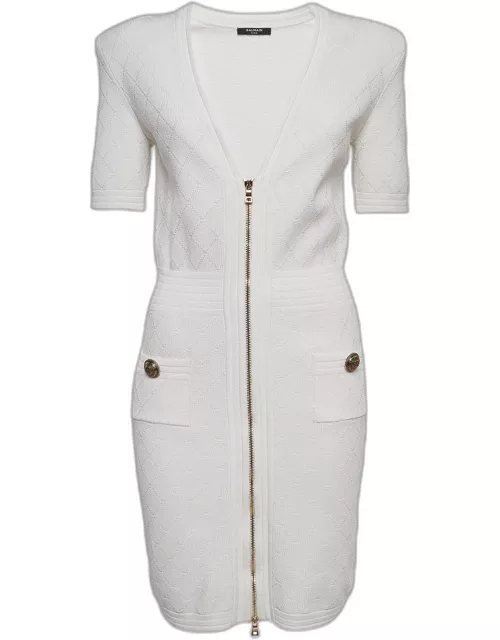 Balmain White Patterned Knit Zip Front Short Dress