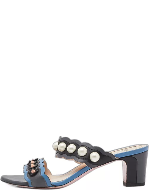 Fendi Grey/Blue Leather Faux Pearl Embellished Slide Sandal