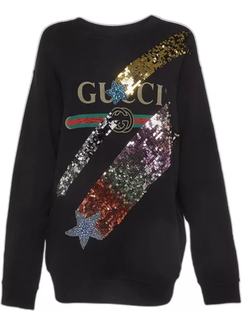 Gucci Black Logo Print Cotton Star Sequin Embellished Sweatshirt