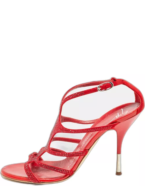 Giuseppe Zanotti Red Crystal Embellished Suede Strappy Sandal
