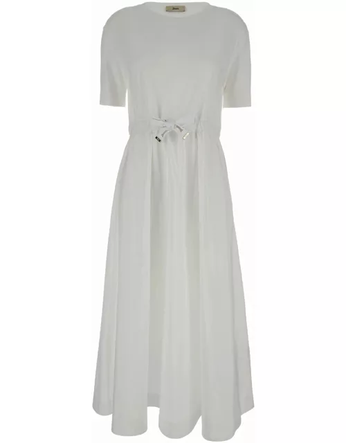Herno Long White Dress With Branded Drawstring In Cotton Blend Woman