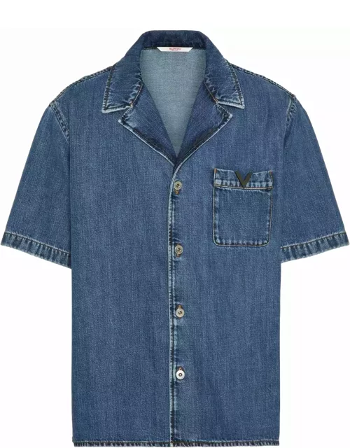 Valentino Garavani Shirt In Denim V Detail Medium Blue Wash Deni