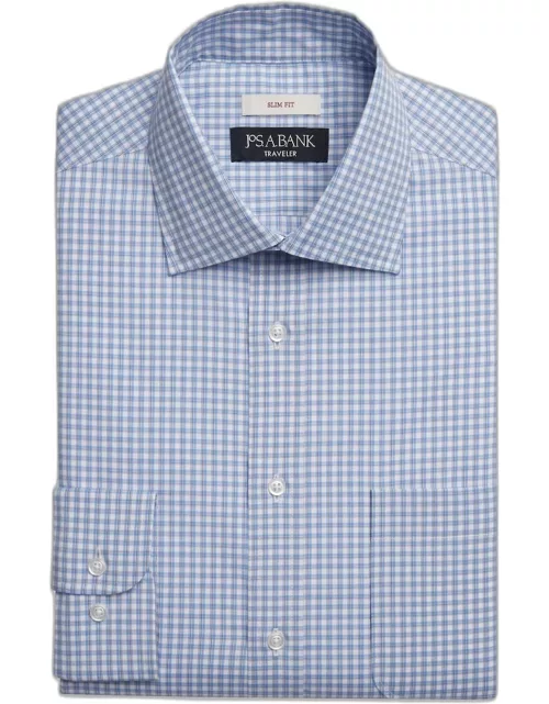 JoS. A. Bank Men's Traveler Collection Slim Fit Spread Collar Check Dress Shirt, Blue, 16 1/2 32