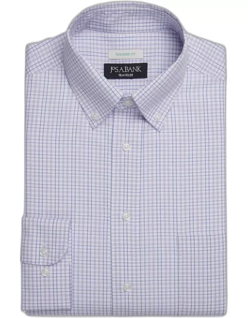 JoS. A. Bank Men's Traveler Collection Tailored Fit Button-down Collar Check Dress Shirt, Purple, 16 34