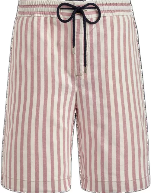 Men Striped Cotton Linen Bermuda Shorts - Bermuda - Levant - Pink