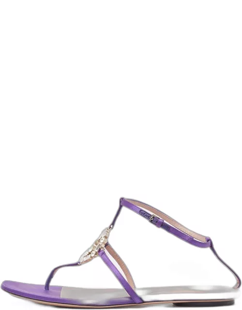 Gucci Purple Satin Crystal Embellished Interlocking G Thong Flat Sandal