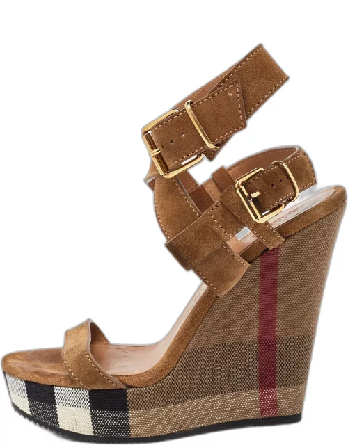 Burberry Brown Nova Check Canvas and Suede Warlow Platform Wedge Sandal