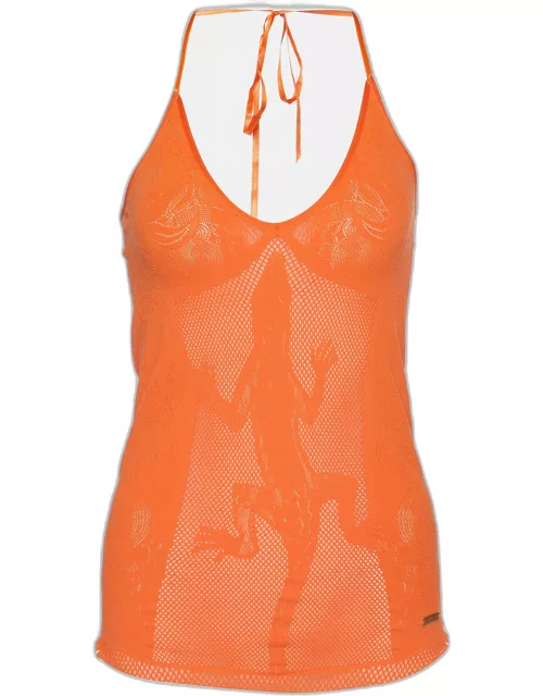 Just Cavalli Orange Eyelet Jersey Fitted Tank Top
