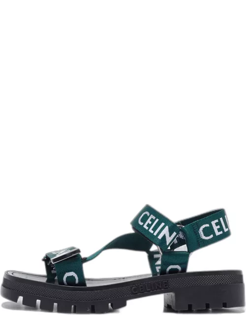 Celine Green/White Nylon Velcro Ankle Strap Sandal