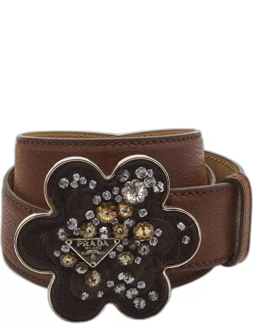 Prada Brown Leather Floral Embellished Metal Belt 85C