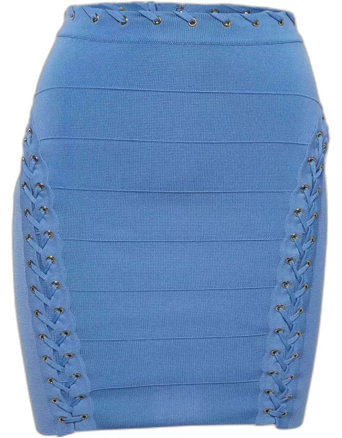 Elisabetta Franchi Blue Knit Lace and Eyelets Detailed Mini Skirt