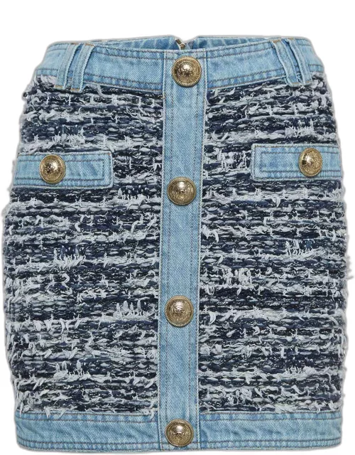 Balmain Blue Tweed Button Detailed Mini Skirt