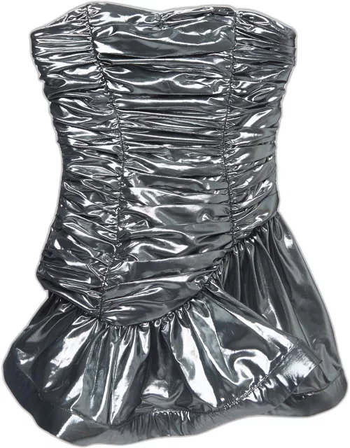 The Attico Silver Lame Ruched Strapless Mini Dress