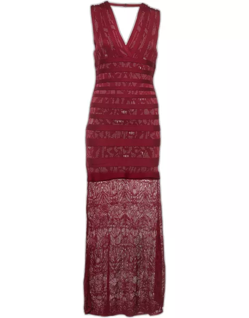 Herve Leger Burgundy Knit Lace Trim Maxi Dress