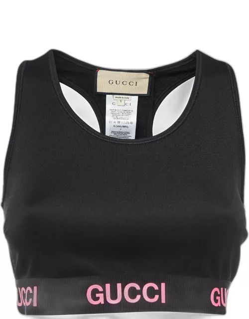 Gucci Black Logo Print Jersey Cropped Tank Top