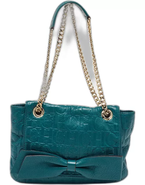 CH Carolina Herrera Green Monogram Embossed Leather Bow Shoulder Bag