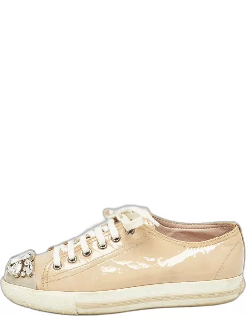 Miu Miu Beige Patent Leather Crystal Embellished Lace Up Sneaker