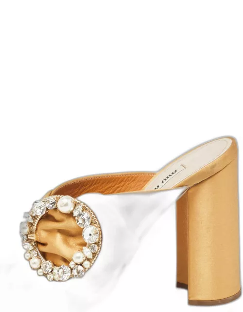 Miu Miu Brown Satin Crystal and Faux Pearl Embellished Brooch Peep Toe Slide Sandal