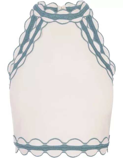 Elie Saab White And Blue Gin Knit And Lace Top