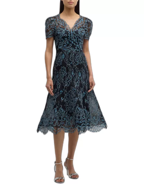 Scalloped Embroidered Lace Midi Dres
