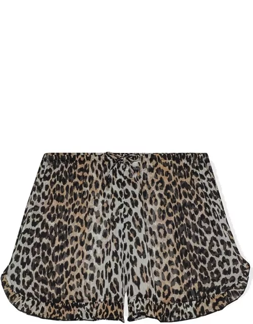 GANNI Leopard Printed Chiffon Ruffle Shorts - Leopard