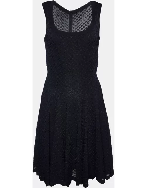 Alaia Black Embroidered Stretch Knit Flared Midi Dress
