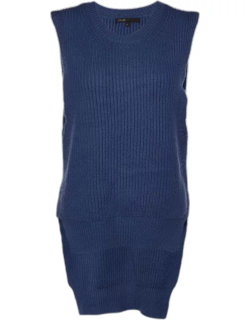 Maje Blue Wool Knit High-Low Sleeveless Sweater Top
