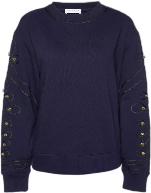 Sandro Navy Blue Cotton Blend Knit Embellished Sleeve Sweatshirt