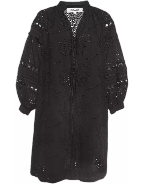 Diane Von Furstenberg Black Nicolette Broderie Anglaise Cotton Mini Dress