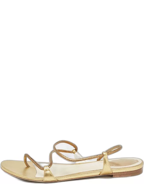 René Caovilla Gold Leather Ankle Wrap Flat Sandal