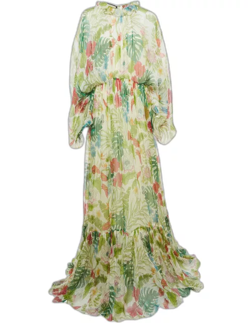 Gucci Green Floral Printed Lurex Silk Long Dress