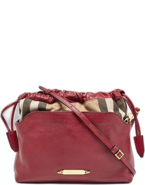 Burberry Burgundy/Beige House Check Canvas and Leather Little Crush Crossbody Bag