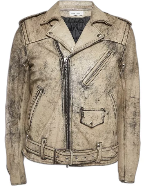 John Elliott X Blackmeans Beige Distress Ivory Paint Leather Riders Jacket