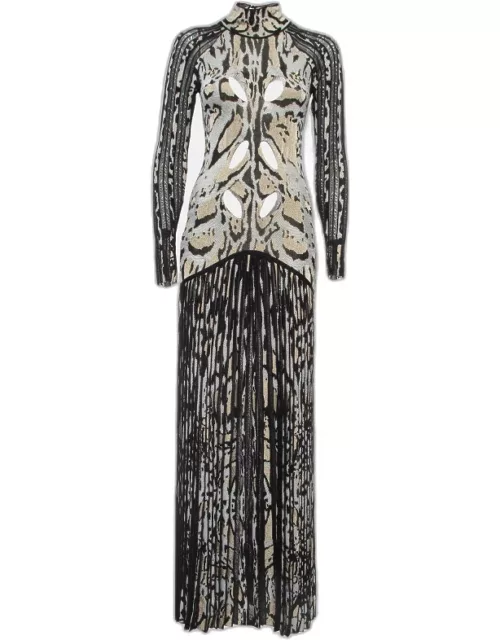 Roberto Cavalli Black and Metallic Patterned Knit Long Dress