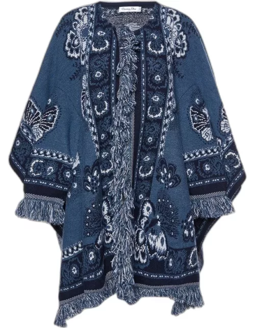 Dior Navy Blue Wool Jacquard Fringed Poncho