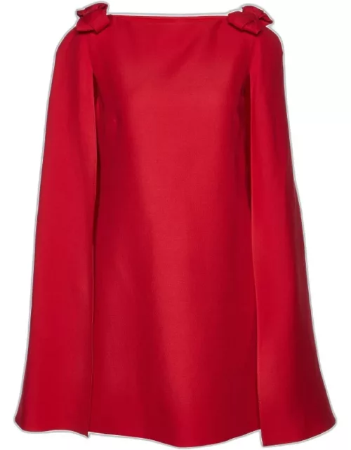 Valentino Red Wool & Silk Bow Detail Cape Dress