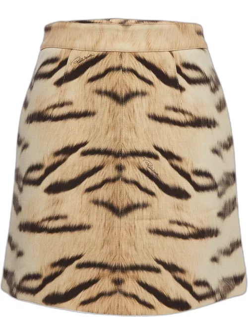 Roberto Cavalli Beige Tiger Print Fleece Wool Mini Skirt