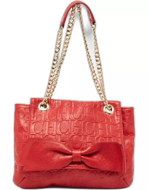 CH Carolina Herrera Red Monogram Embossed Leather Audrey Shoulder Bag