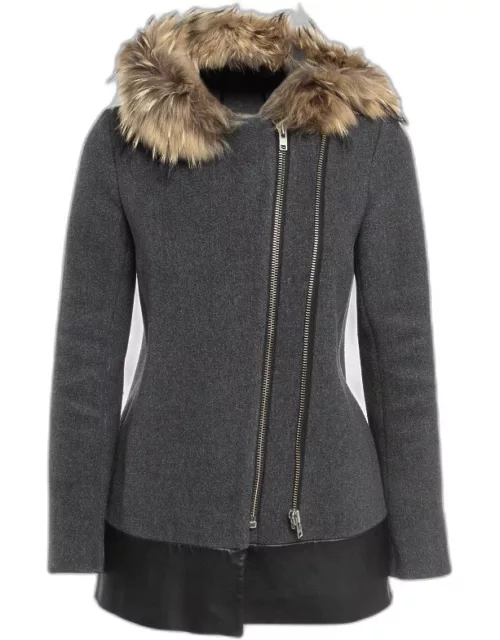 Sandro Grey Wool Blend and Fur Hooded Coat