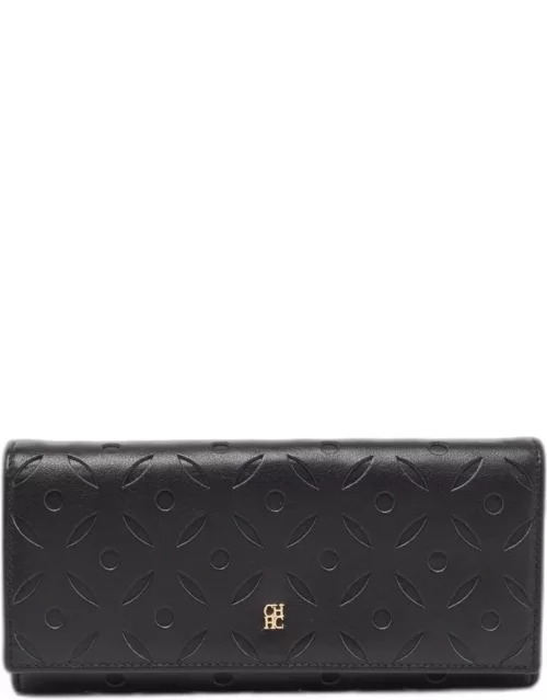 CH Carolina Herrera Black Leather Laser Cut Continental Wallet