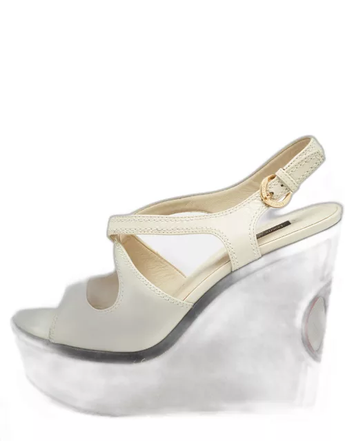Louis Vuitton Cream Leather Wedge Ankle Strap Sandal